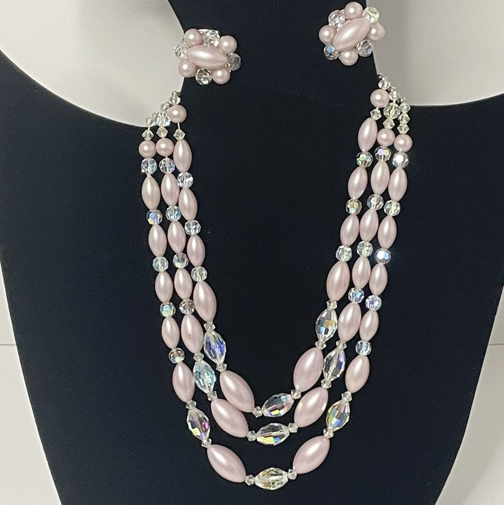Austrian crystal & pink lucite beaded necklace and earrings plus a brooch 1950s.
